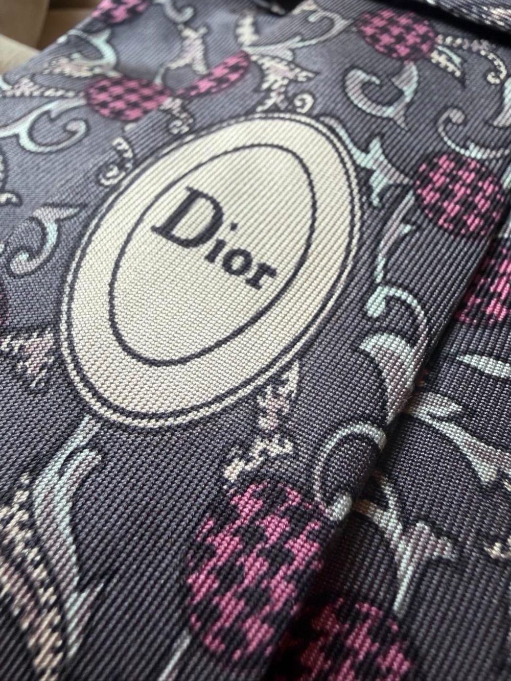 Dior Silk Tie with Pink and Light grey Motif